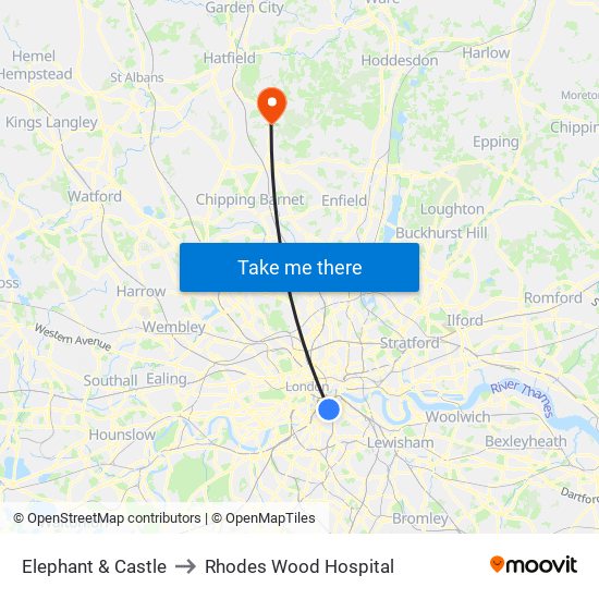 Elephant & Castle to Rhodes Wood Hospital map