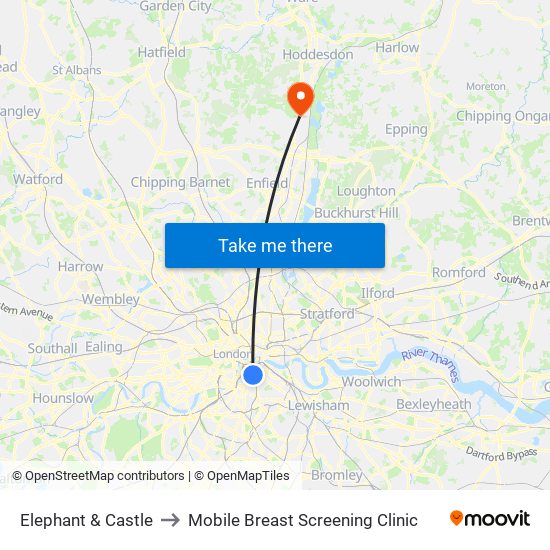 Elephant & Castle to Mobile Breast Screening  Clinic map