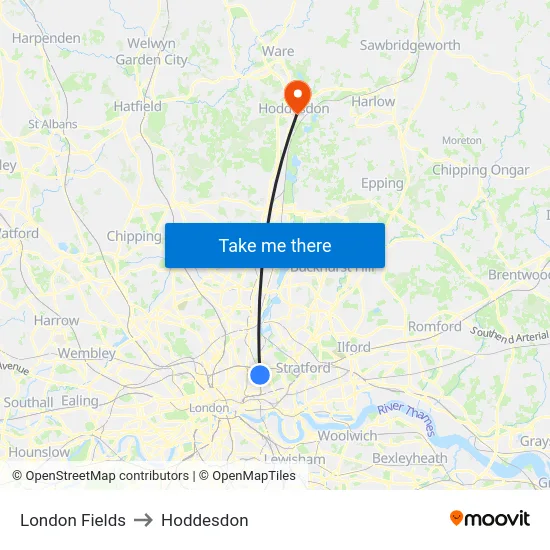 London Fields to Hoddesdon map