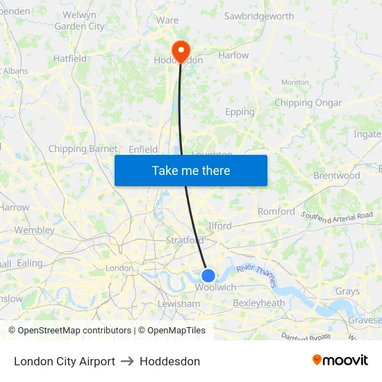 London City Airport to Hoddesdon map