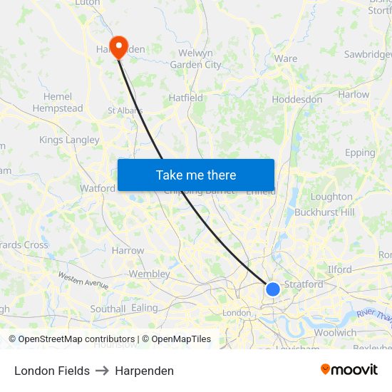 London Fields to Harpenden map