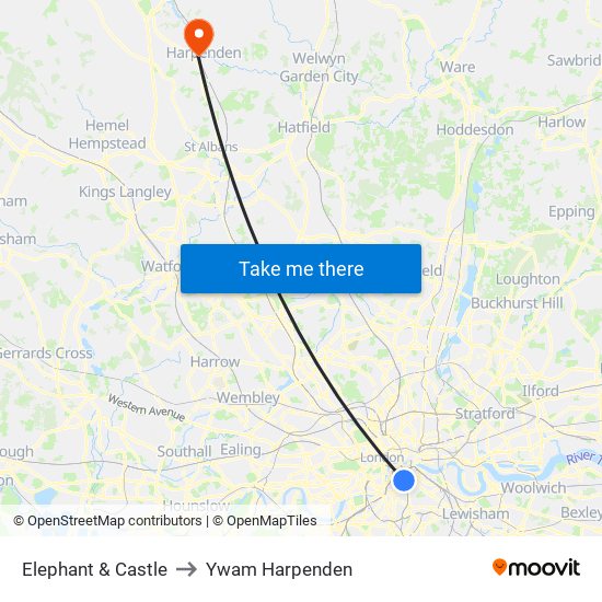 Elephant & Castle to Ywam Harpenden map