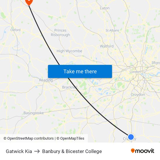 Gatwick Kia to Banbury & Bicester College map