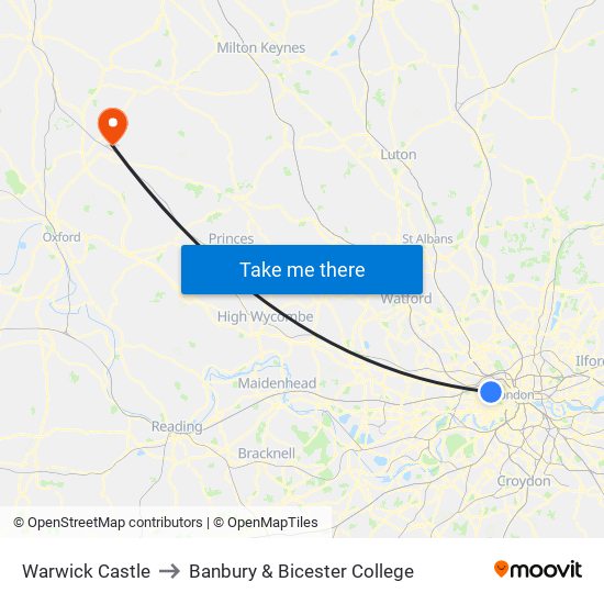 Warwick Castle to Banbury & Bicester College map