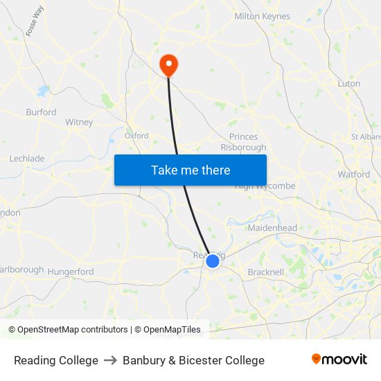 Reading College to Banbury & Bicester College map