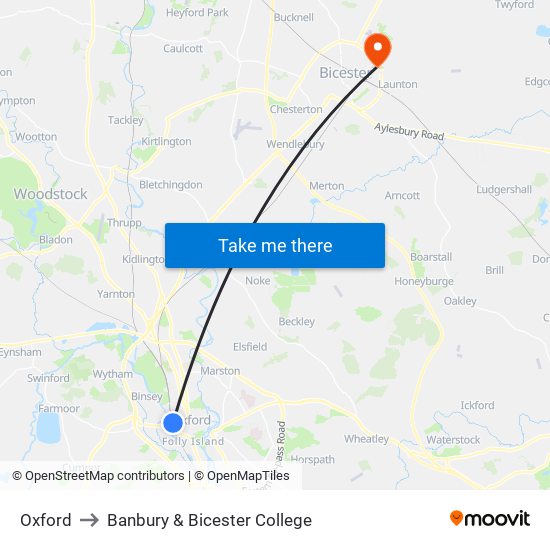 Oxford to Banbury & Bicester College map