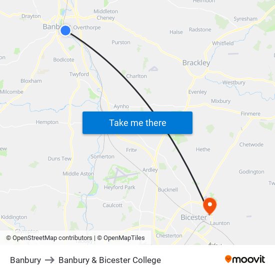 Banbury to Banbury & Bicester College map