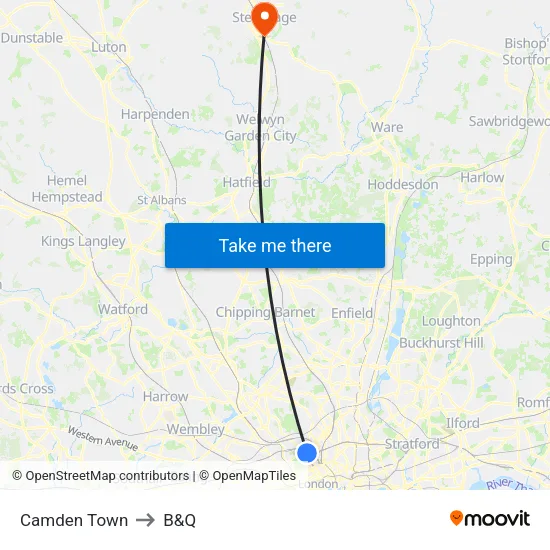 Camden Town to B&Q map