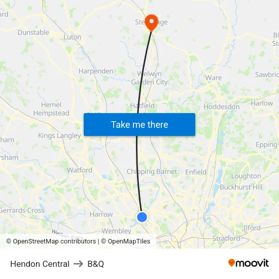 Hendon Central to B&Q map