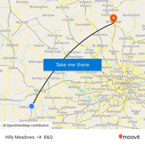 Hilly Meadows to B&Q map