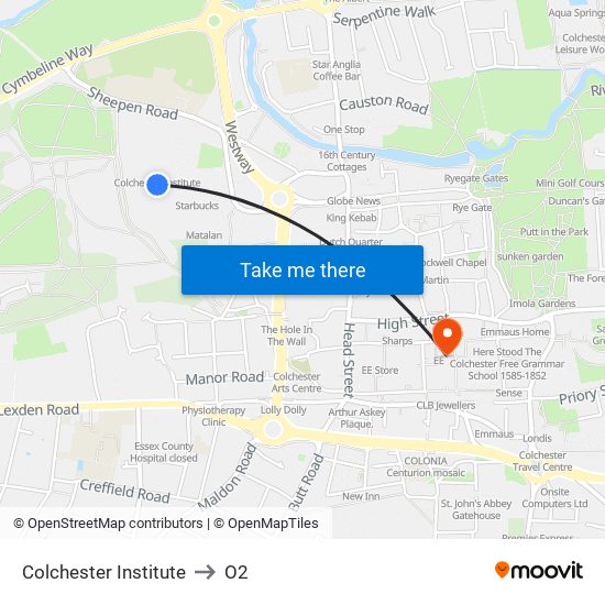 Colchester Institute to O2 map