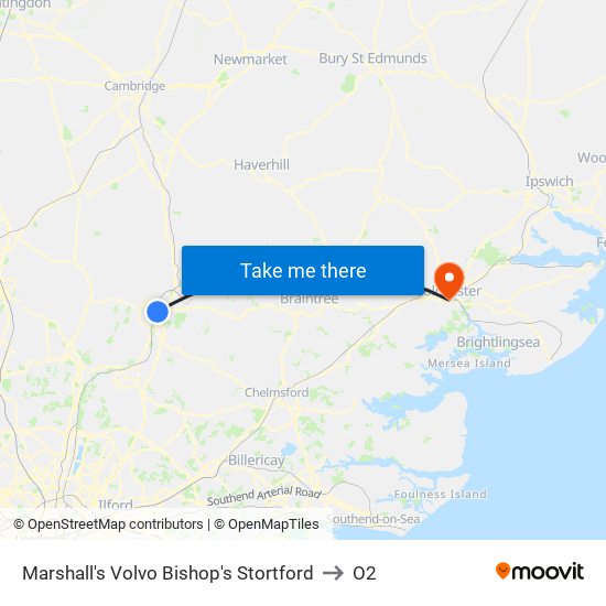 Marshall's Volvo Bishop's Stortford to O2 map