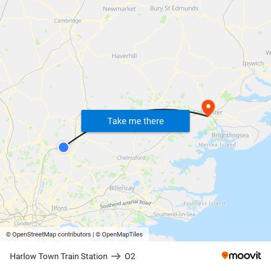 Harlow Town Train Station to O2 map