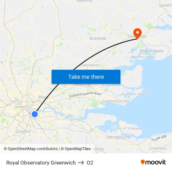 Royal Observatory Greenwich to O2 map