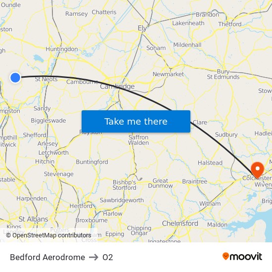 Bedford Aerodrome to O2 map