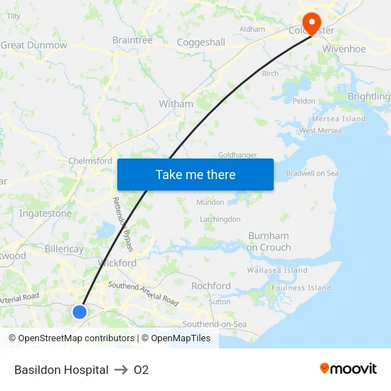 Basildon Hospital to O2 map