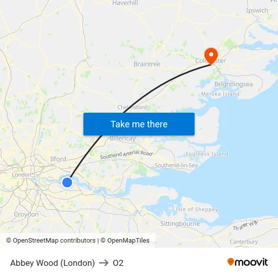Abbey Wood (London) to O2 map
