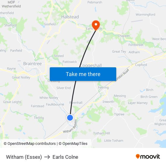 Witham (Essex) to Earls Colne map