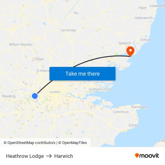 Heathrow Lodge to Harwich map