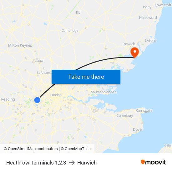 Heathrow Terminals 1,2,3 to Harwich map