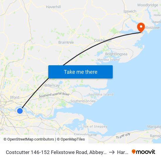 Costcutter 146-152 Felixstowe Road, Abbeywood, London, Se2  9rn to Harwich map