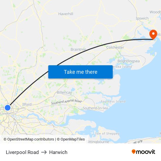 Liverpool Road to Harwich map