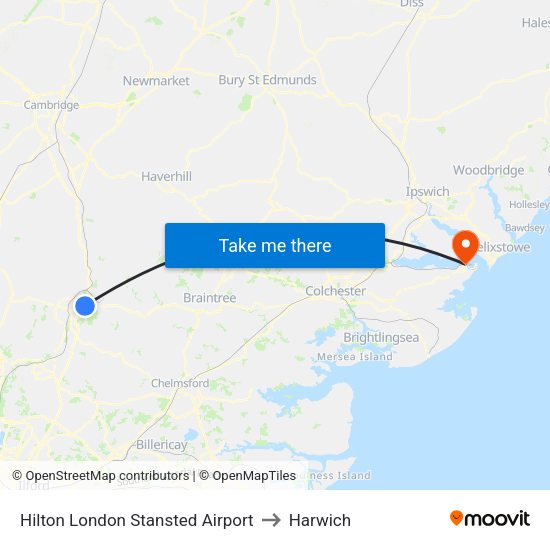 Hilton London Stansted Airport to Harwich map