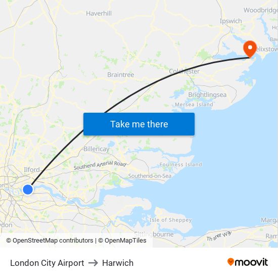 London City Airport to Harwich map