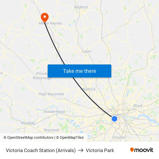 Victoria Coach Station (Arrivals) to Victoria Park map