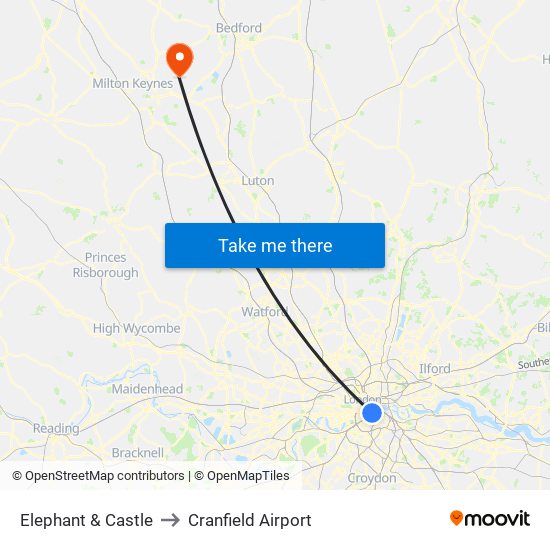 Elephant & Castle to Cranfield Airport map
