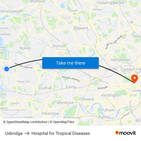 Uxbridge to Hospital for Tropical Diseases map