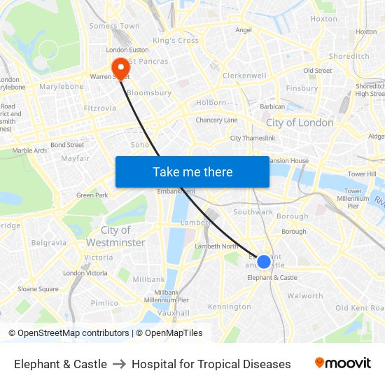 Elephant & Castle to Hospital for Tropical Diseases map