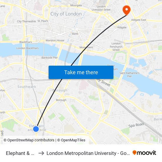 Elephant & Castle to London Metropolitan University - Goulston Street map