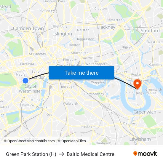 Green Park Station (H) to Baltic Medical Centre map