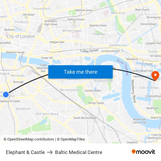 Elephant & Castle to Baltic Medical Centre map