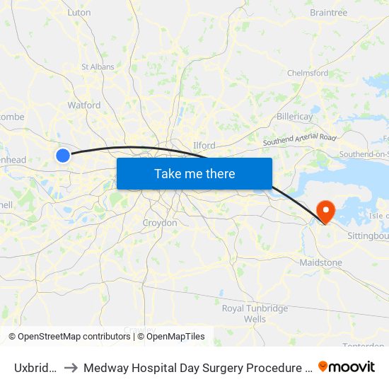 Uxbridge to Medway Hospital Day Surgery Procedure Suite map