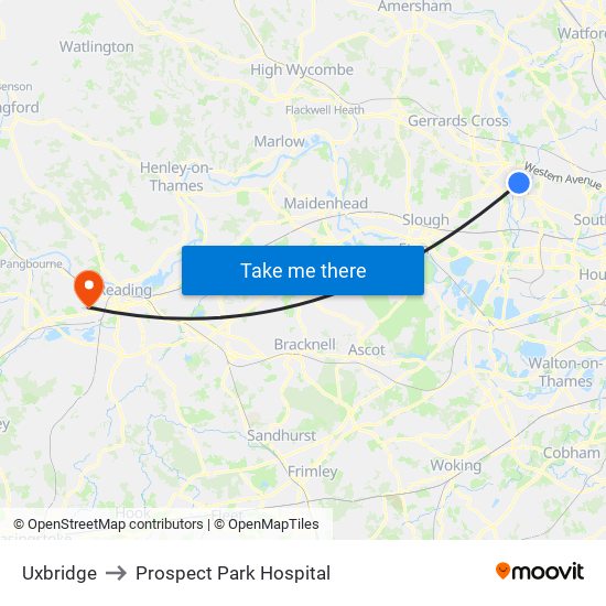 Uxbridge to Prospect Park Hospital map