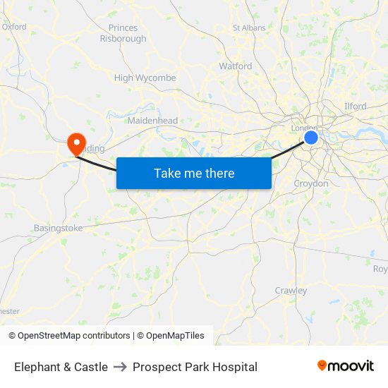 Elephant & Castle to Prospect Park Hospital map