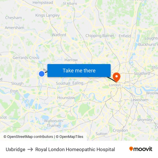 Uxbridge to Royal London Homeopathic Hospital map