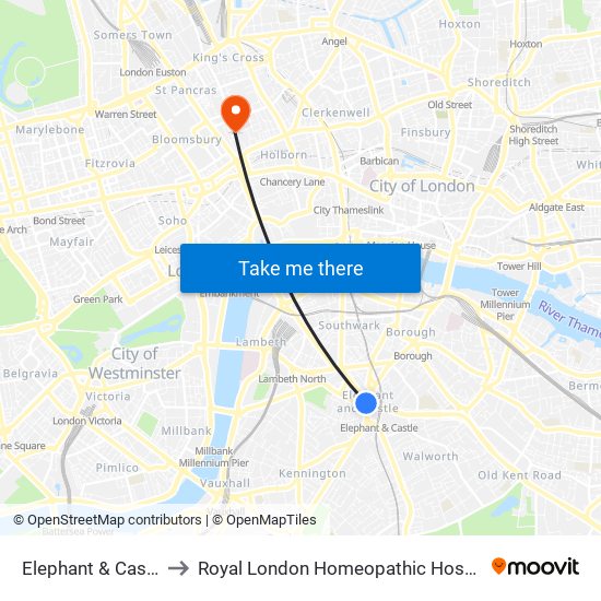 Elephant & Castle to Royal London Homeopathic Hospital map