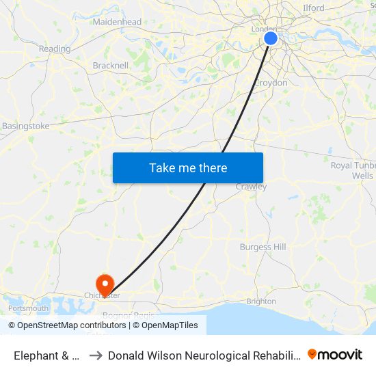 Elephant & Castle to Donald Wilson Neurological Rehabilitation Centre map