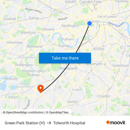Green Park Station (H) to Tolworth Hospital map
