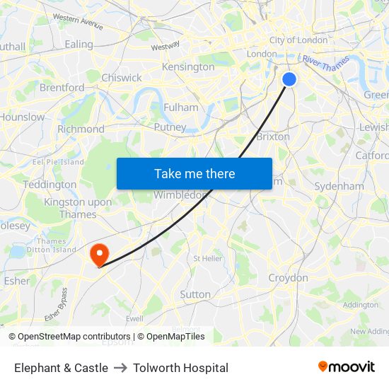 Elephant & Castle to Tolworth Hospital map