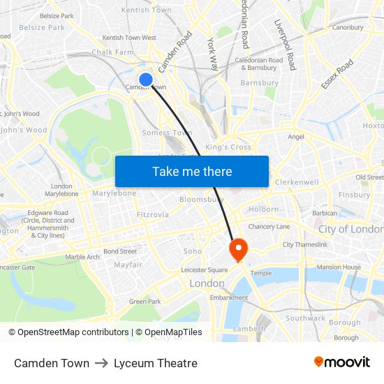 Camden Town to Lyceum Theatre map