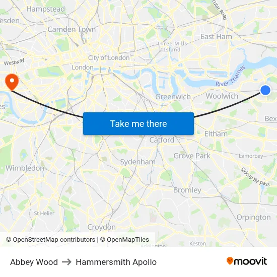 Abbey Wood to Hammersmith Apollo map