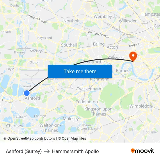 Ashford (Surrey) to Hammersmith Apollo map