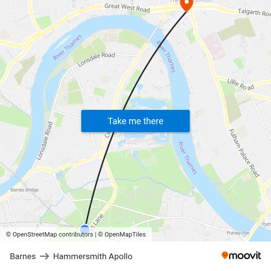 Barnes to Hammersmith Apollo map