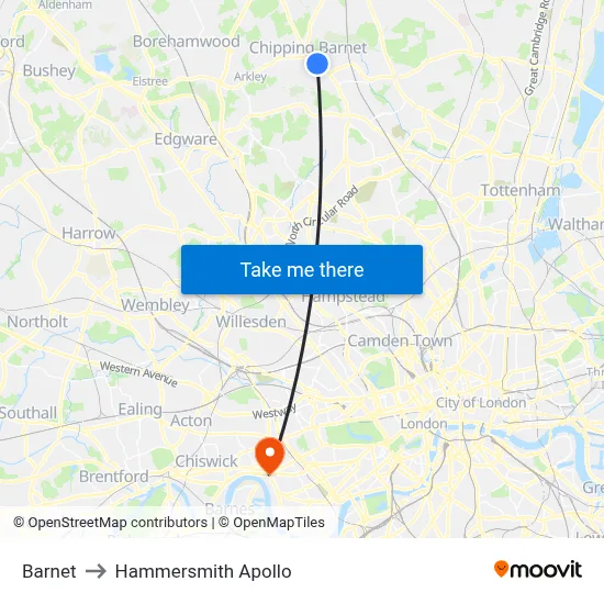 Barnet to Hammersmith Apollo map