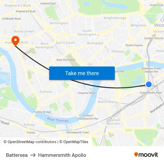 Battersea to Hammersmith Apollo map