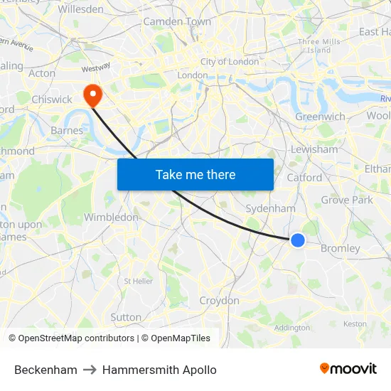 Beckenham to Hammersmith Apollo map